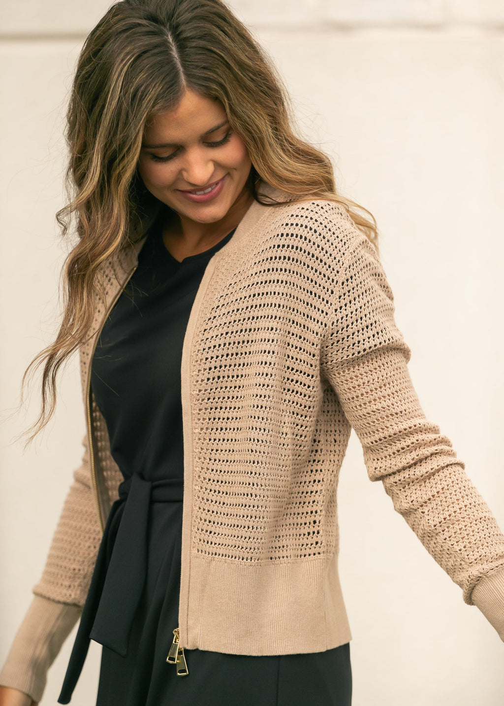 Tate Crochet Open Knit Cardigan in Beige