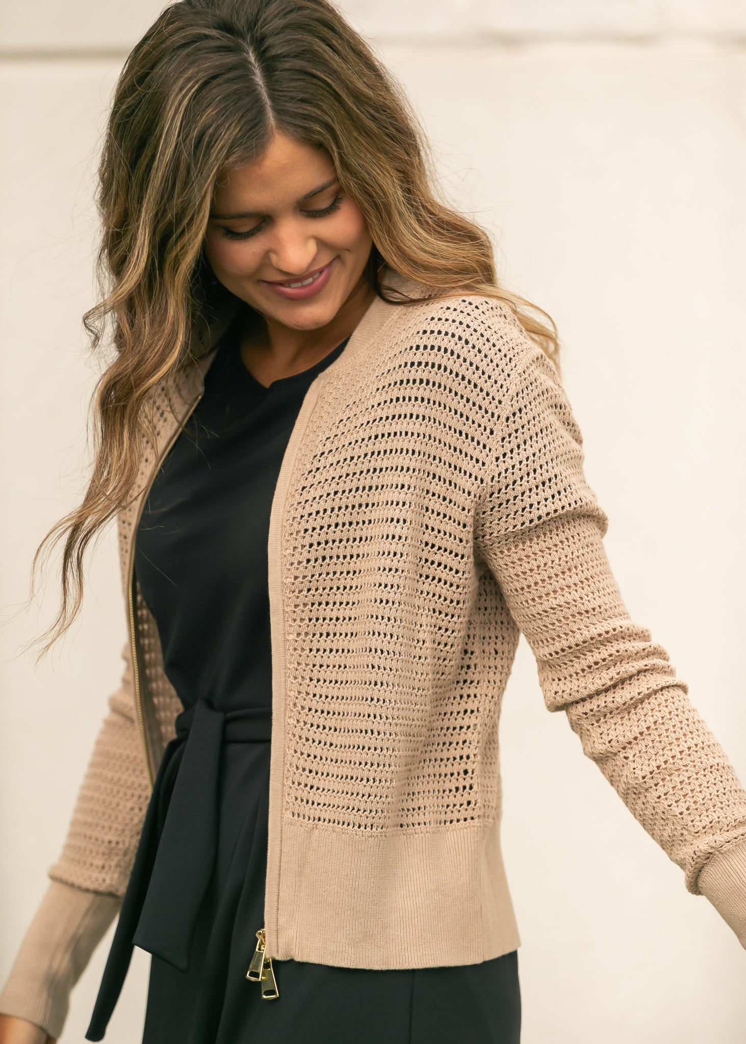 Tate Crochet Open Knit Cardigan in Beige