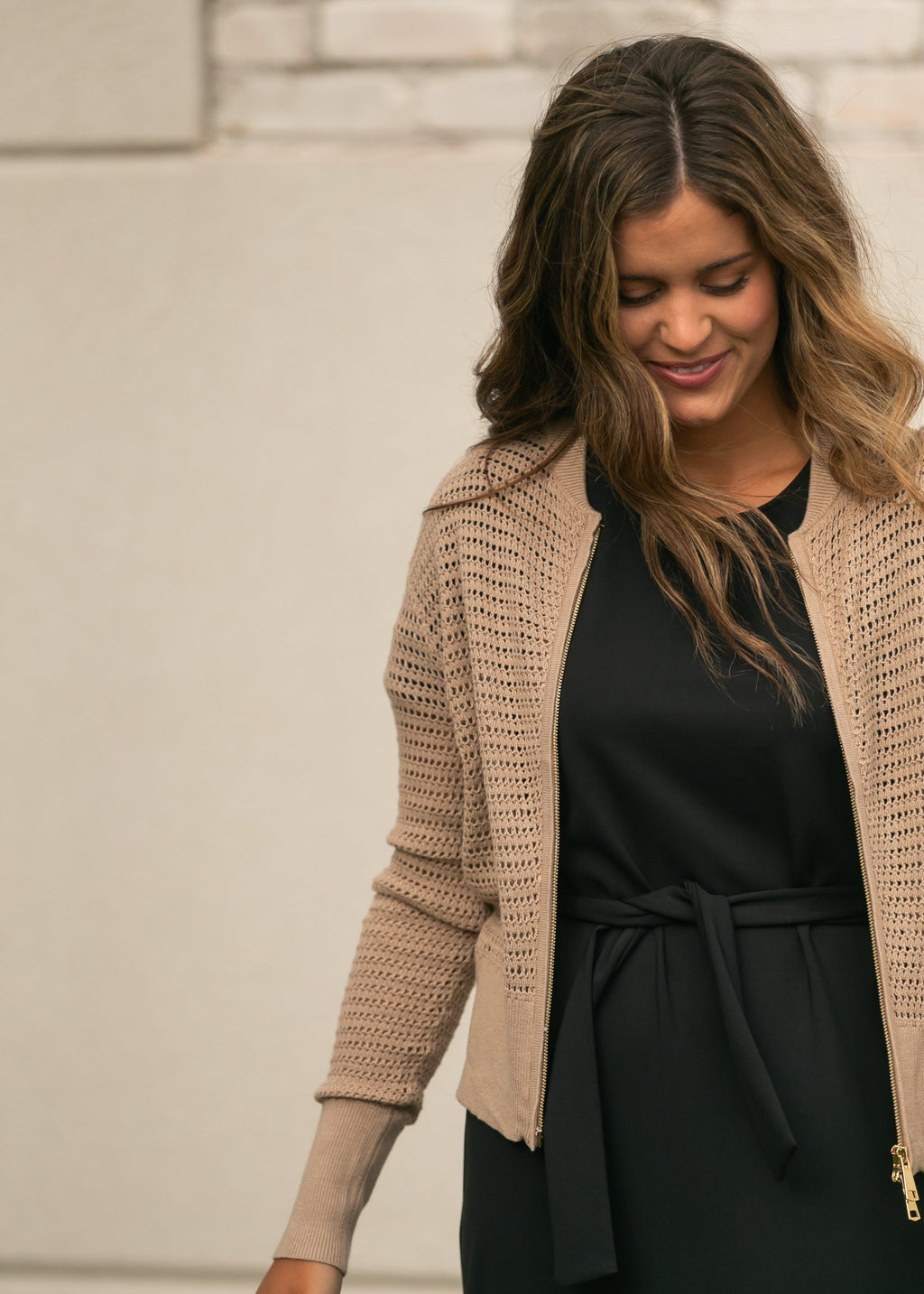 Tate Crochet Open Knit Cardigan in Beige