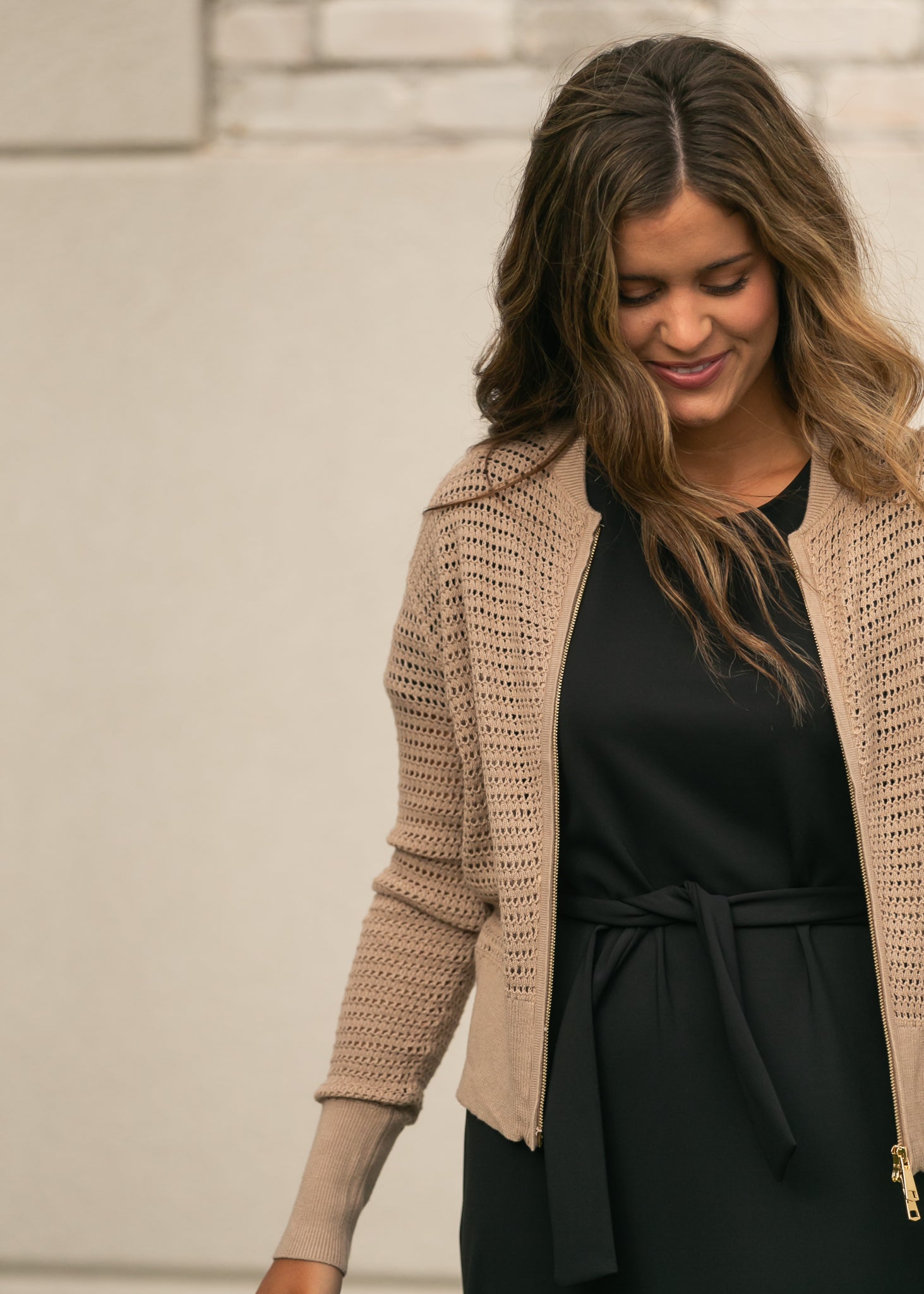 Tate Crochet Open Knit Cardigan in Beige