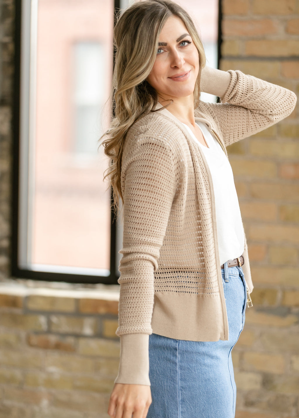Tate Crochet Open Knit Cardigan in Beige
