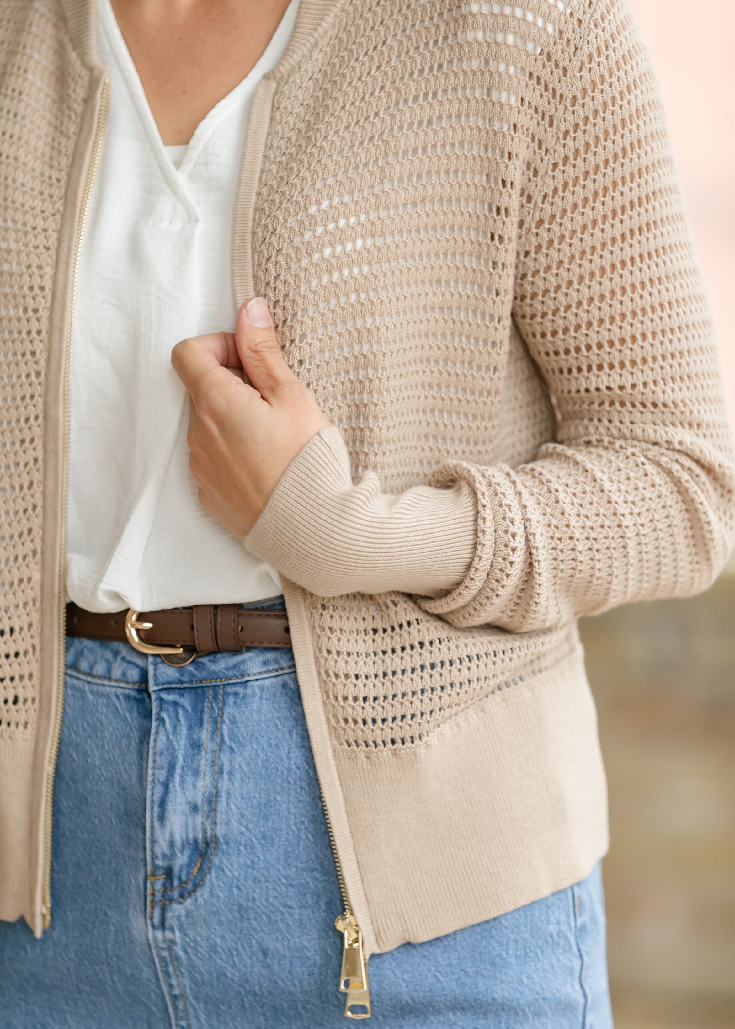 Tate Crochet Open Knit Cardigan in Beige