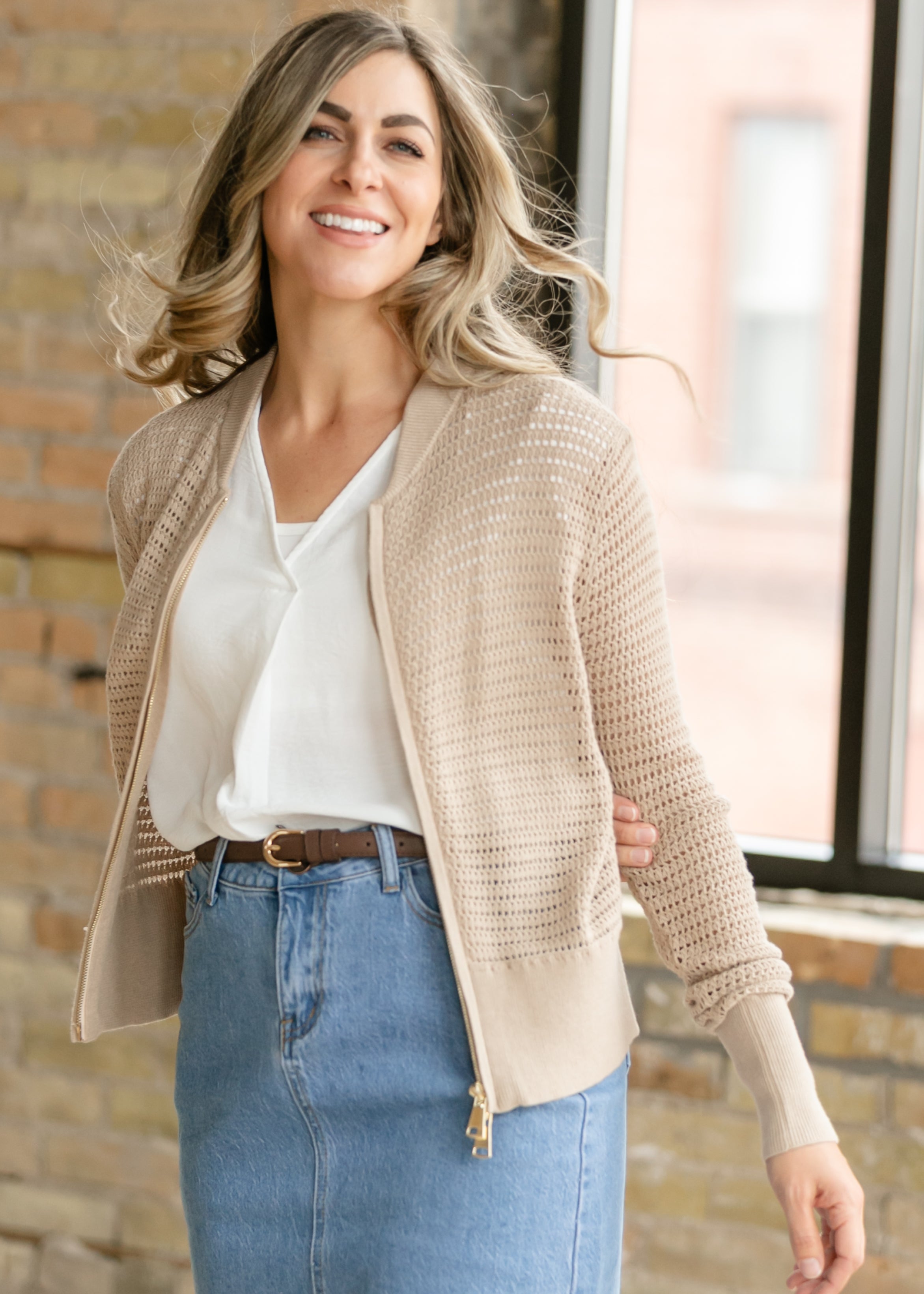 Tate Crochet Open Knit Cardigan in Beige