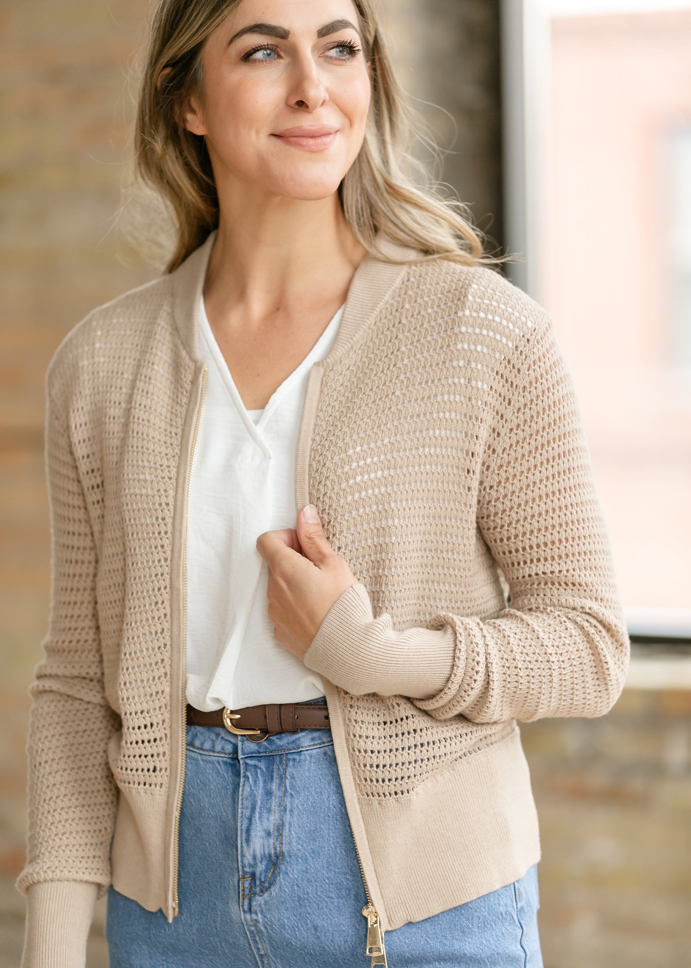 Tate Crochet Open Knit Cardigan in Beige
