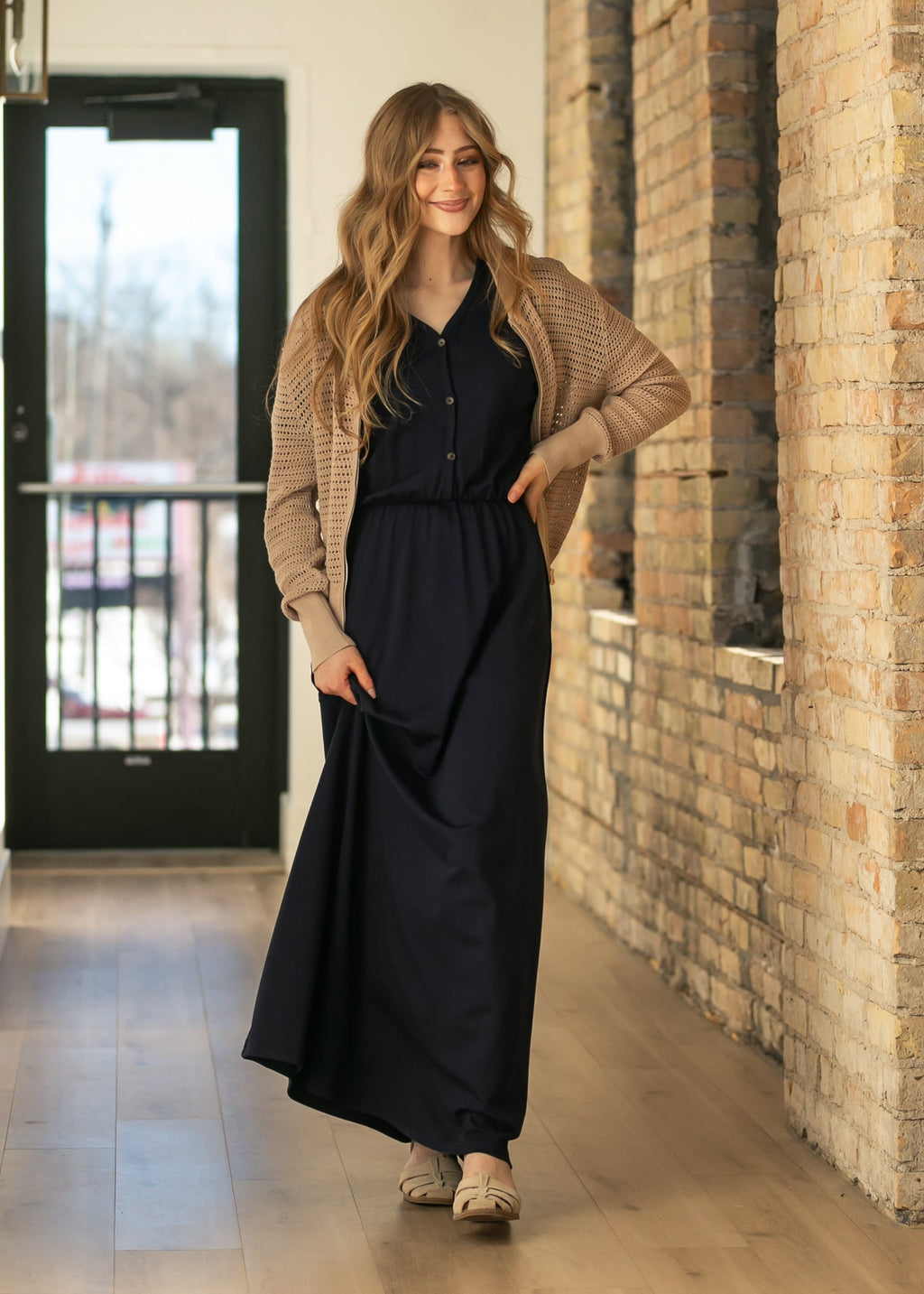 Tate Crochet Open Knit Cardigan in Beige