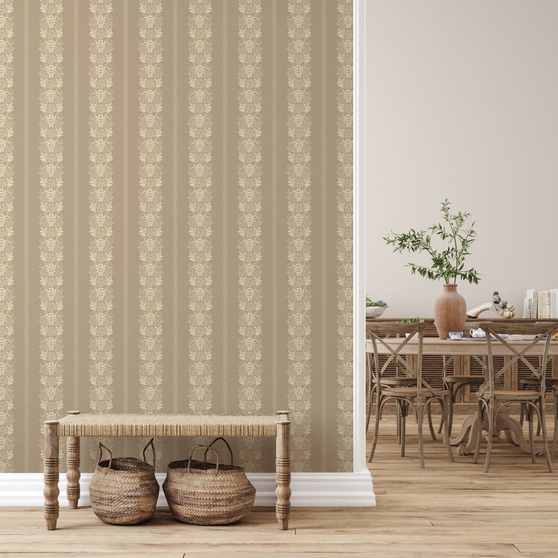 Lucia Floral Wallpaper in Grey, Beige, Terracotta and Gold