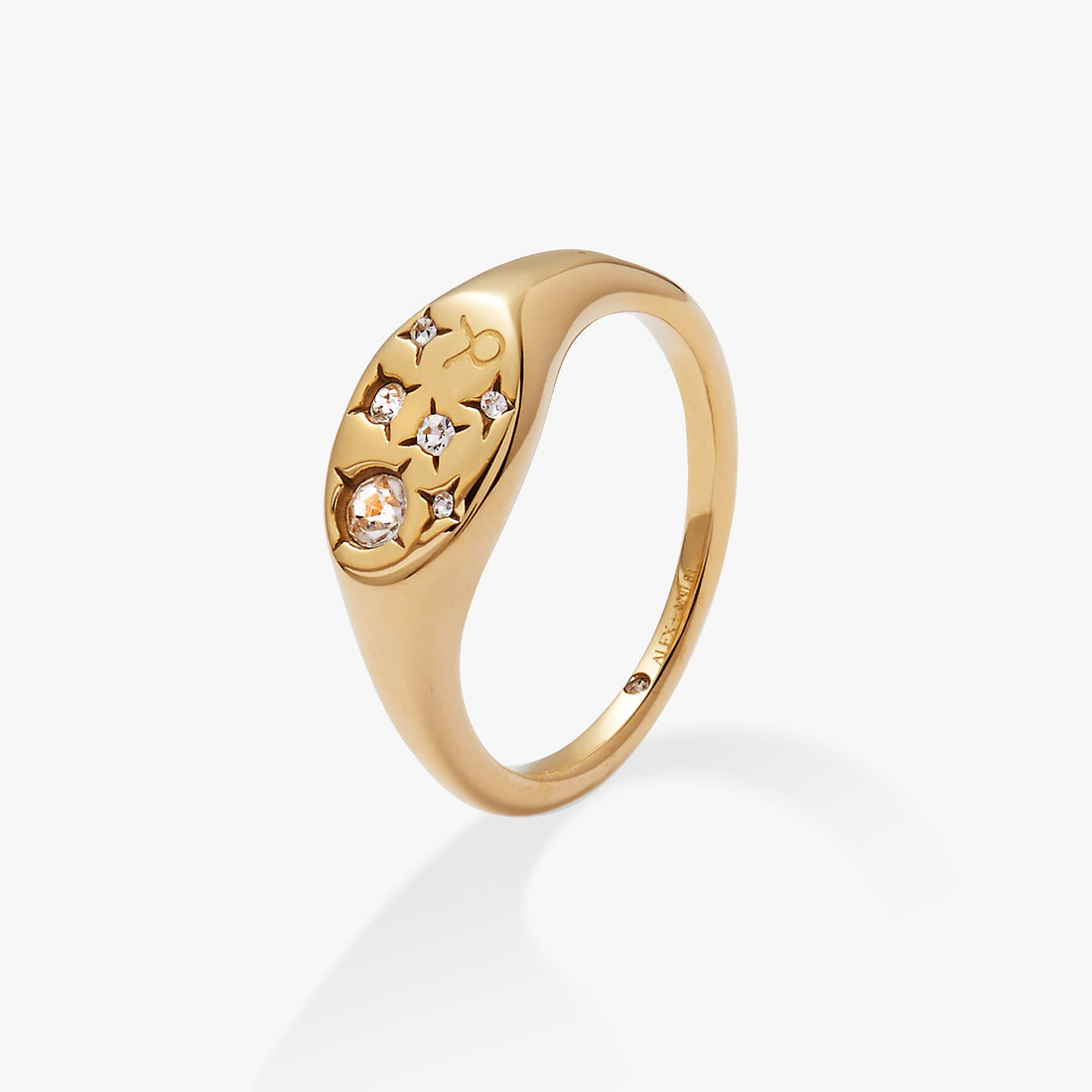 Taurus Zodiac Signet Ring in Gold with Clear Crystals