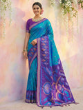 Elegant blue soft silk saree featuring a rich, lustrous finish.