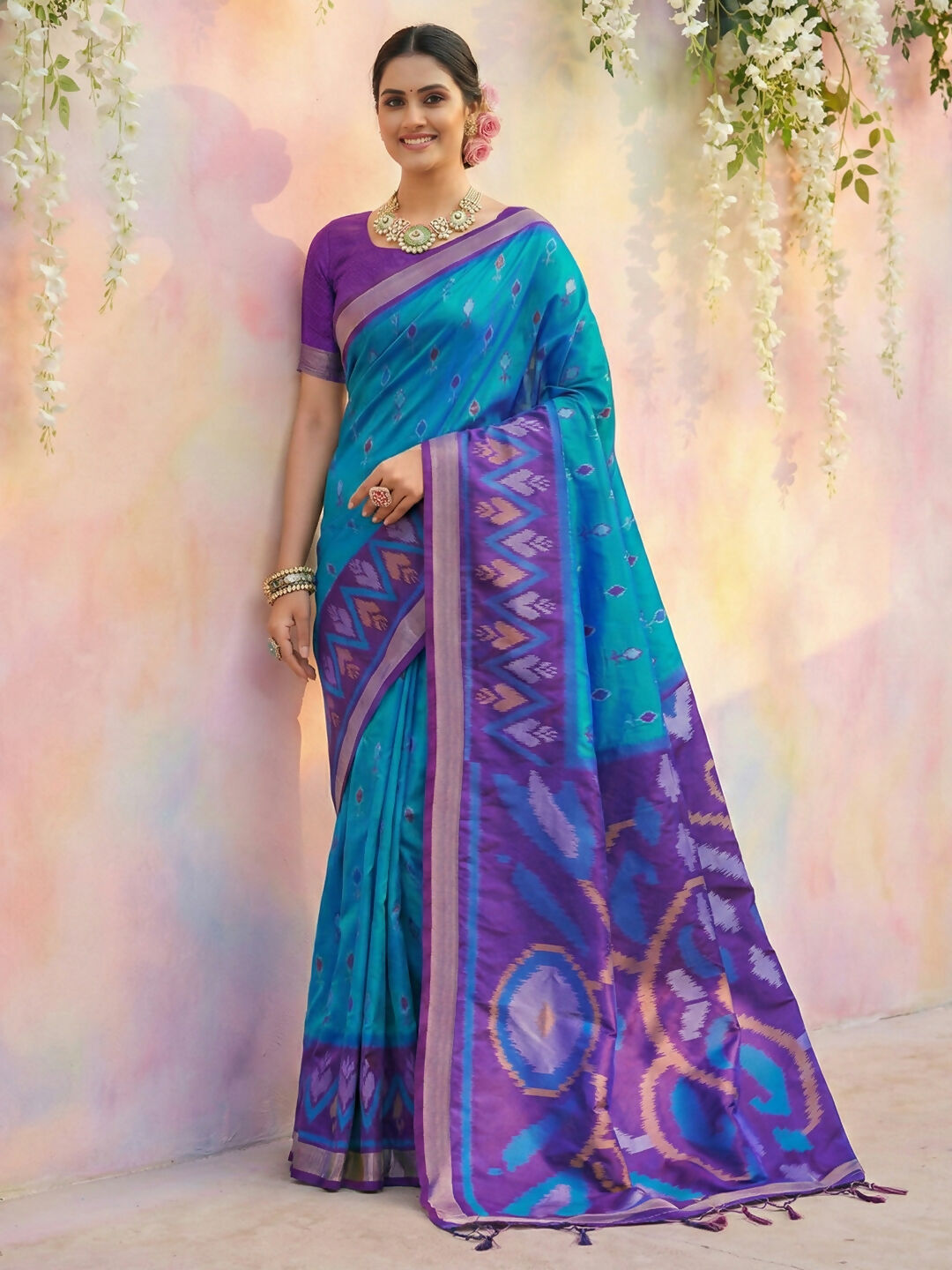 Elegant blue soft silk saree featuring a rich, lustrous finish.