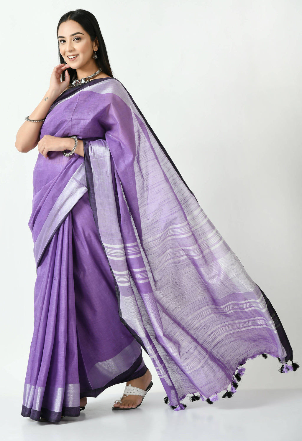 Purple and Black Bhagalpuri Handloom Silk Linen Saree with Blouse