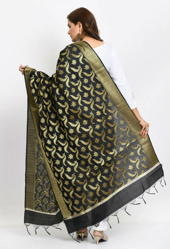 Black Banarasi Silk Floral Woven Design Festive Dupatta