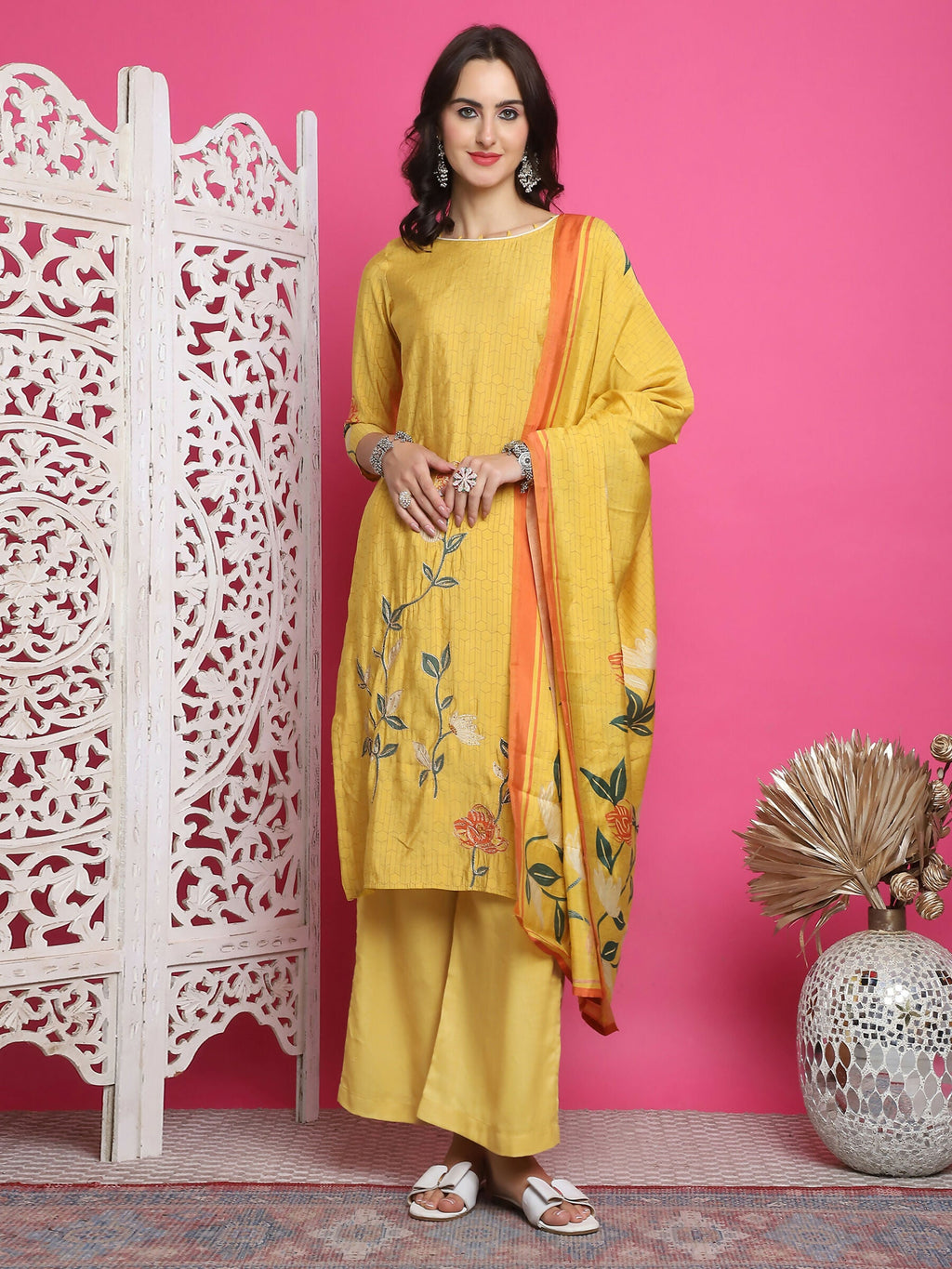 Women's Yellow Muslin Floral Print Straight Kurta Set with Dupatta