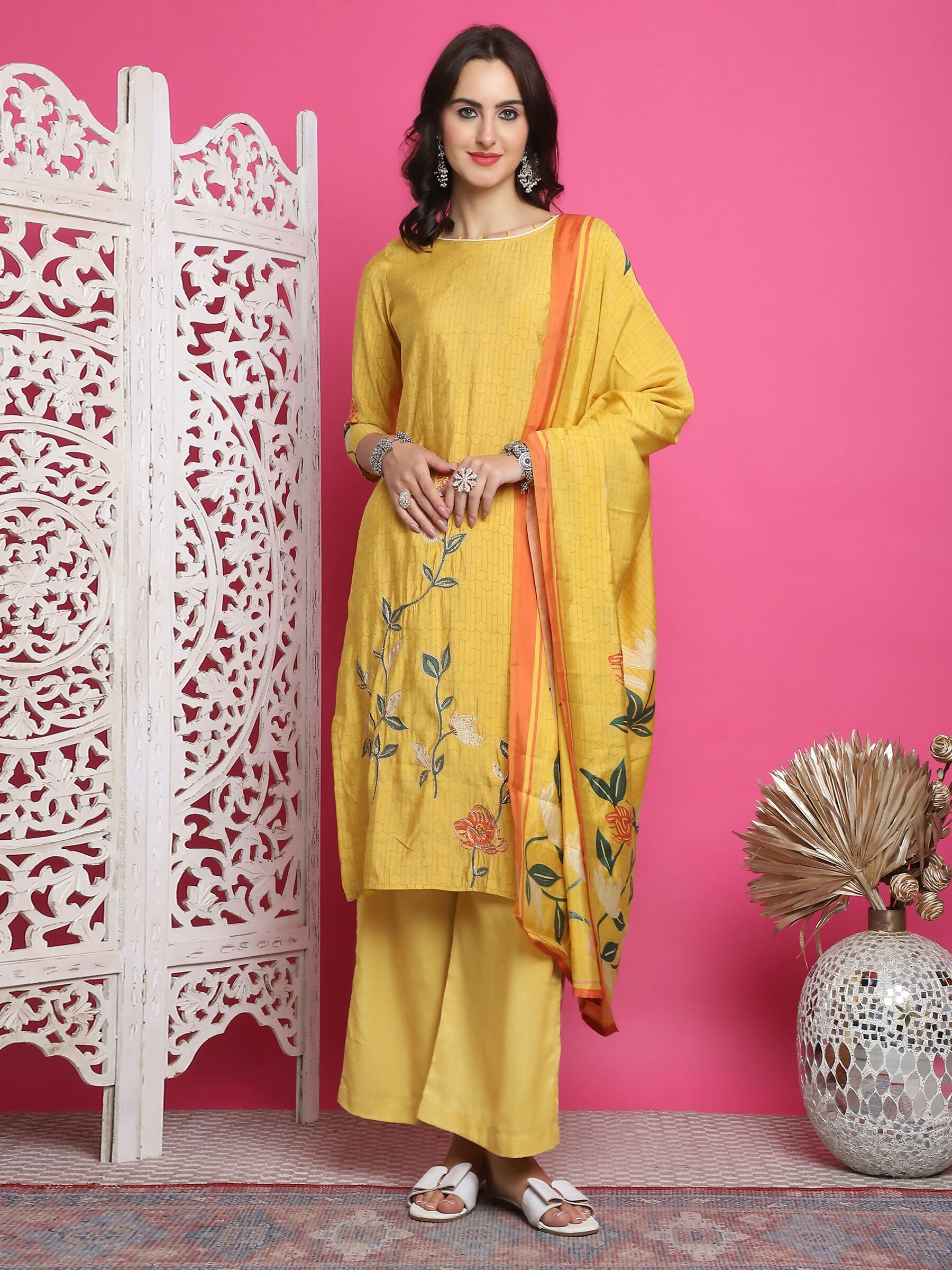 Women's Yellow Muslin Floral Print Straight Kurta Set with Dupatta