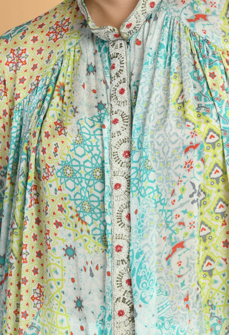 Mint Green Chiffon Midi Kurta Set with Geometric Print