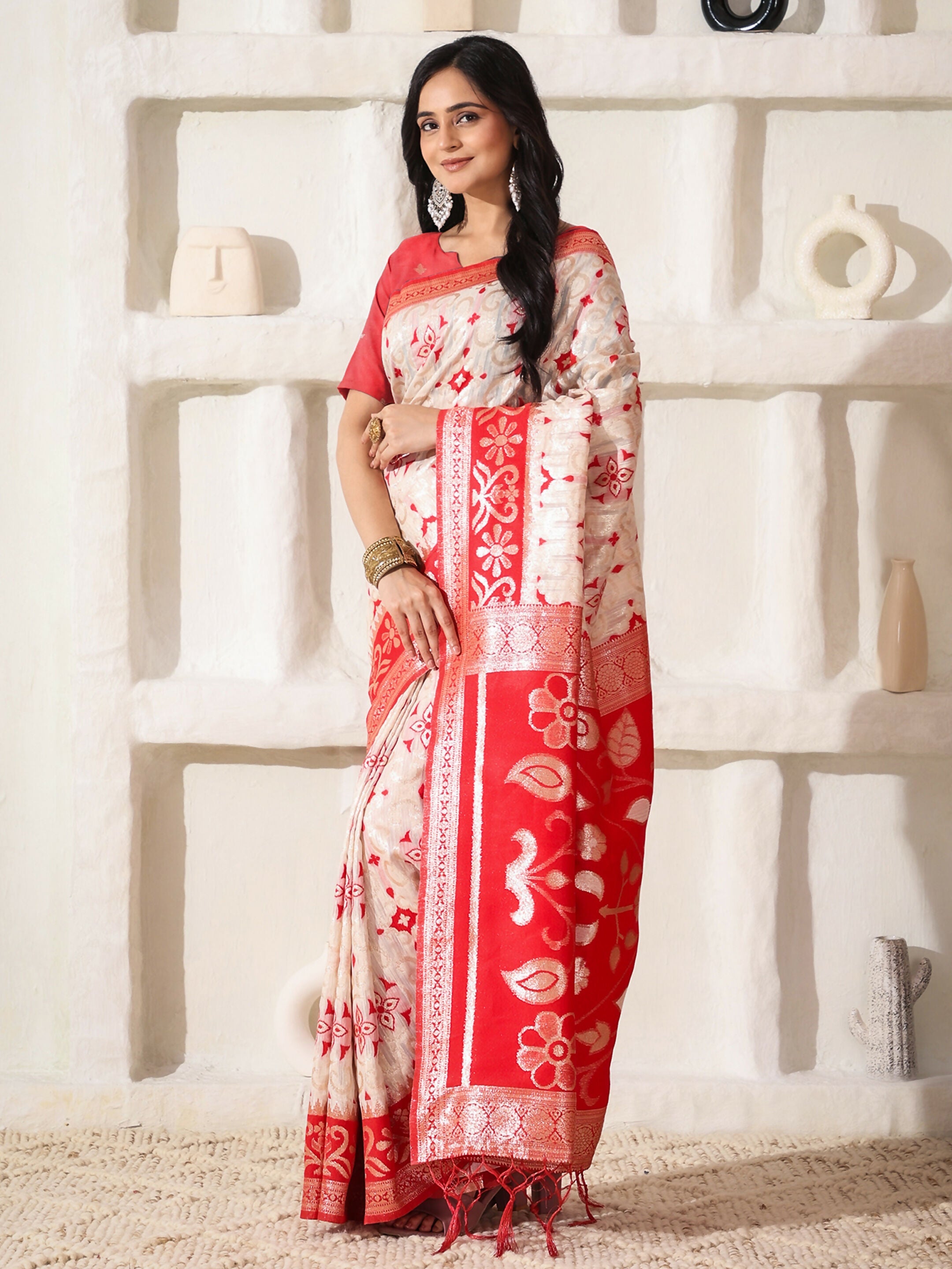 Linen Cotton Red and White Saree with Matching Blouse