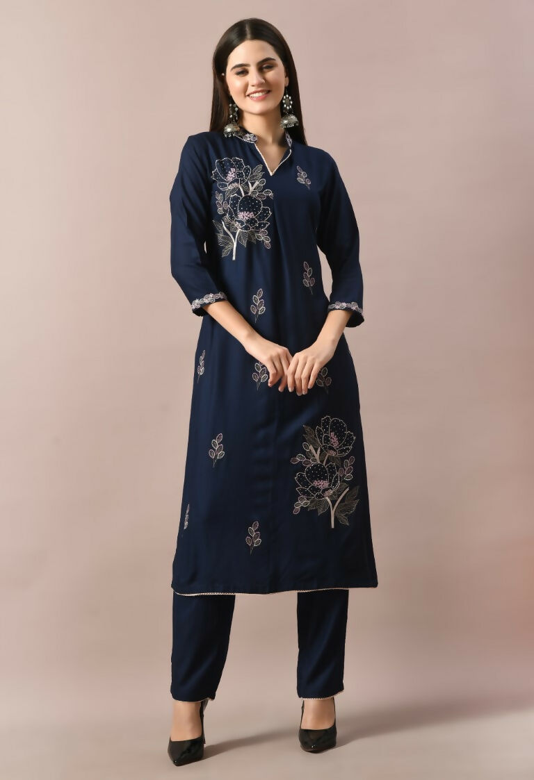A navy blue cotton rayon kurta set with a matching bottom for everyday casual wear