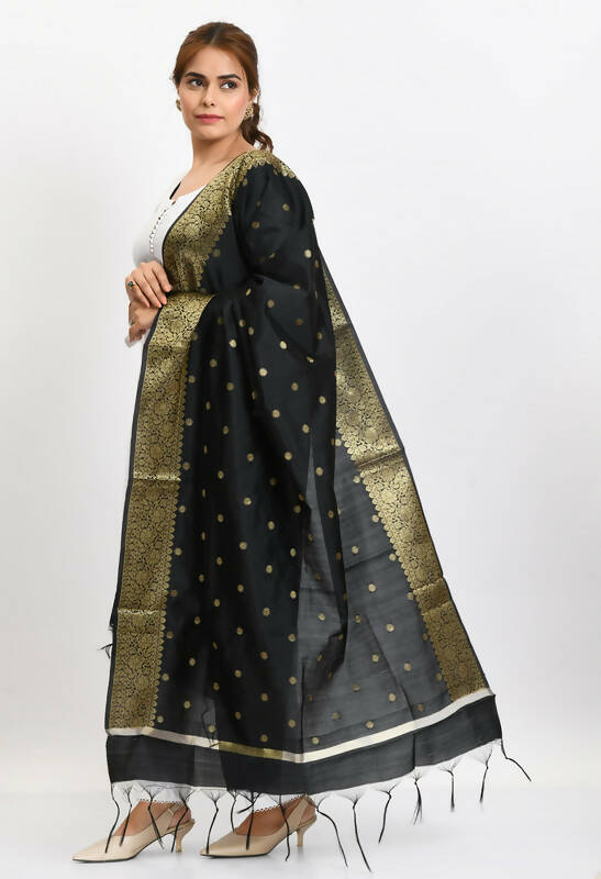 Women's Black Banarsi Silk Woven Dupatta with Gold Accents