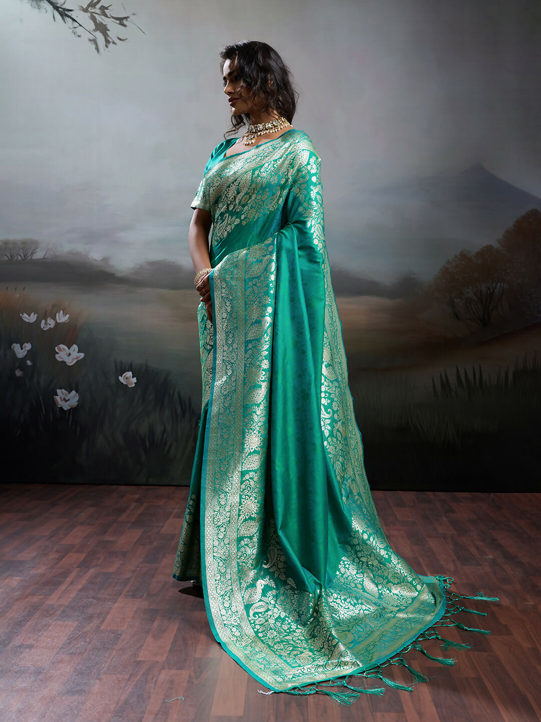 Rama Silk Blend Saree with Metallic Gold Zari Border Traditional