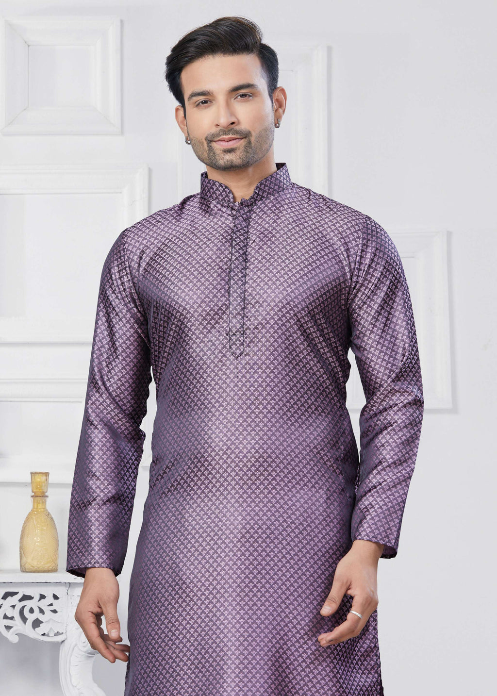 Boys Purple Jacquard Silk Kurta Pyjama Ethnic Set for Festivals