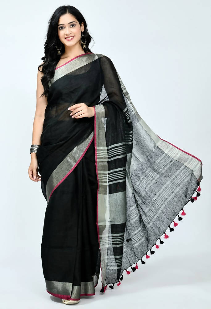 Mominos Fashion Moeza black pure linen saree with pink blouse piece draped elegantly
