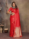 Red satin silk Banarasi saree with detailed floral and botanical motifs