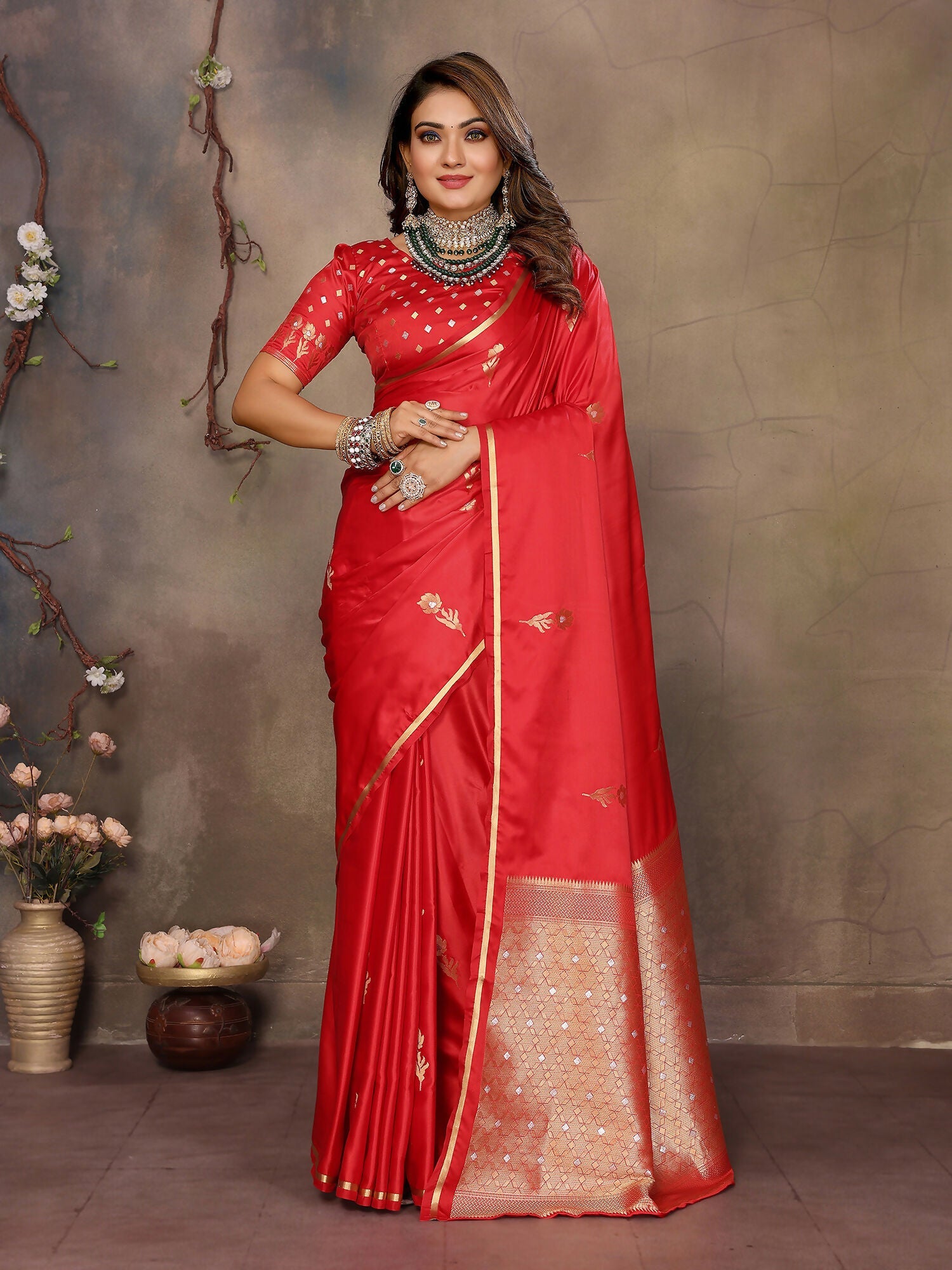 Red satin silk Banarasi saree with detailed floral and botanical motifs