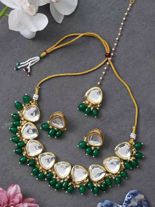 Handcrafted green Kundan stone necklace set with gold plated finish