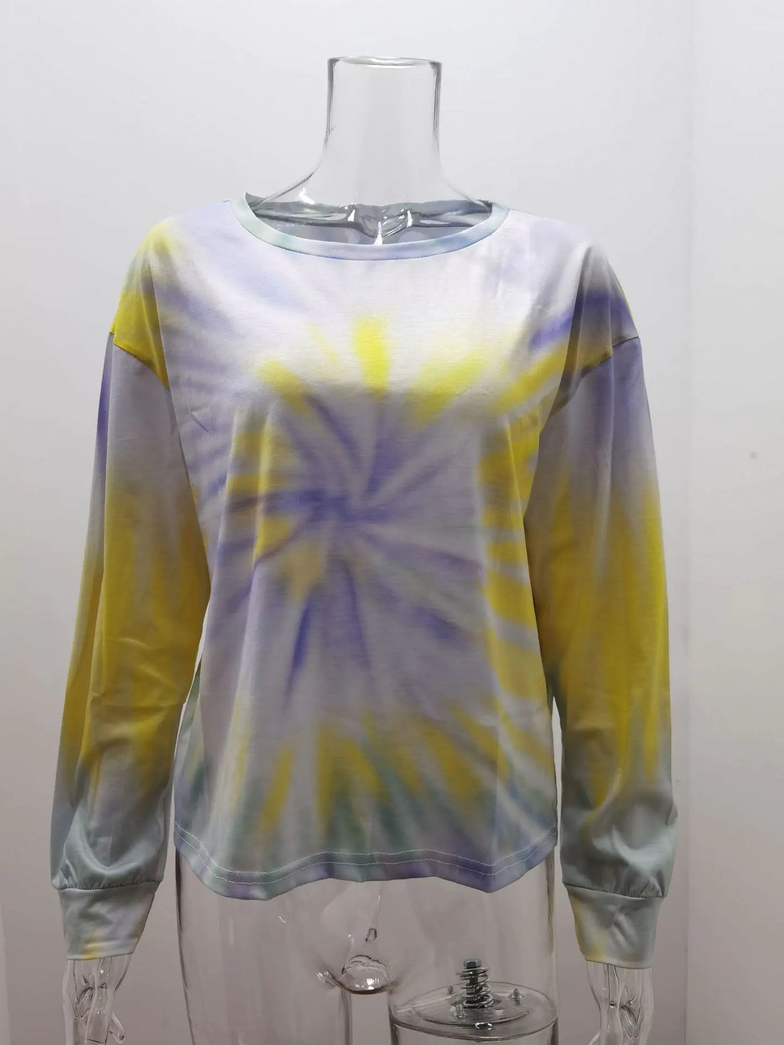 Women's Yellow and Green Tie Dye Long Sleeve Round Neck Top - Image 17