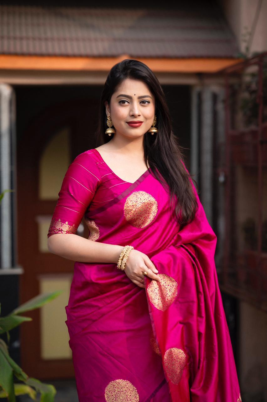 Rani Silk Woven Saree with Zari Butta and Unstitched Blouse