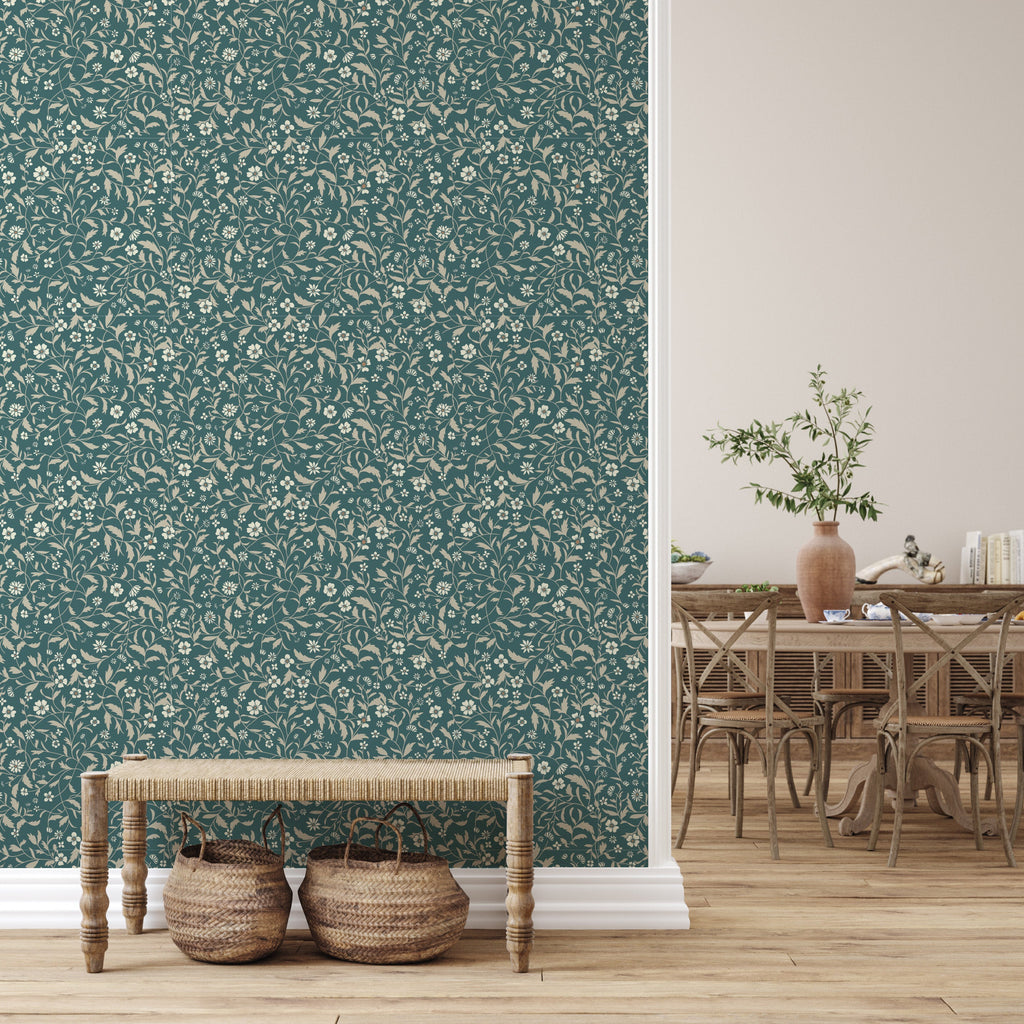 Vallie Floral Wallpaper - Sage Green, Off-White & Beige