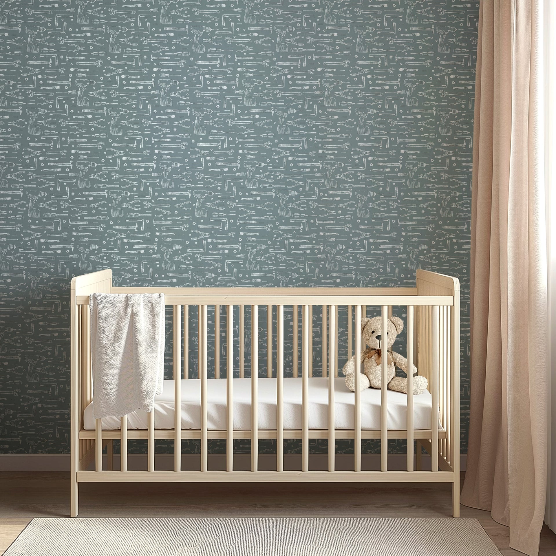 Dewalt geometric wallpaper in teal, sage-green, and soft-pink for an industrial-chic look