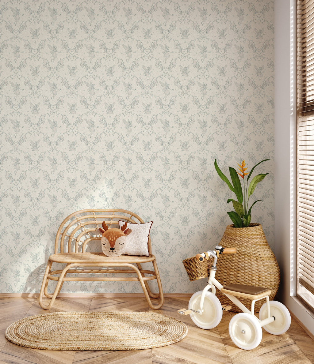 Petra Whimsical Wallpaper in Beige, Blue, Grey and Dusty-Rose