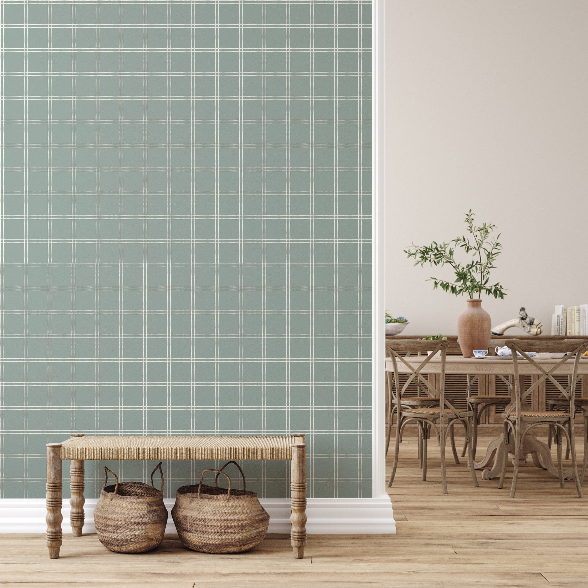 Warner Plaid Removable Wallpaper in Sage Green and Beige