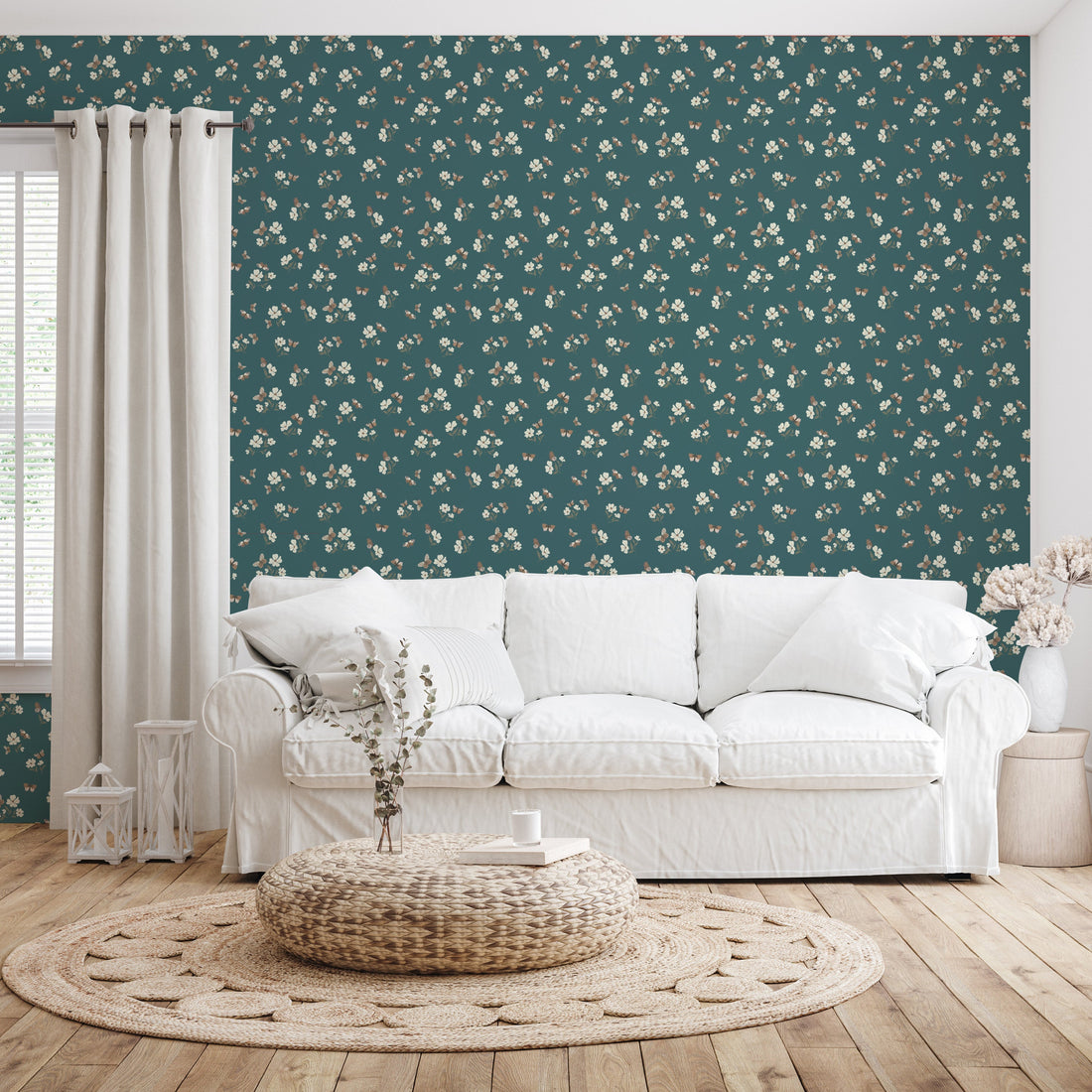 Winslie Floral Removable Wallpaper - Teal, Brown & White Bohemian