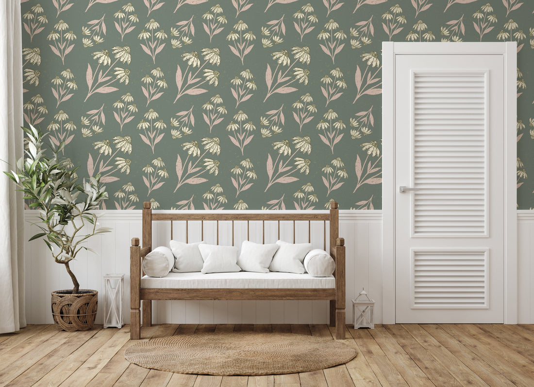 Ellery Floral Wallpaper in Olive, Terracotta and Sage Green