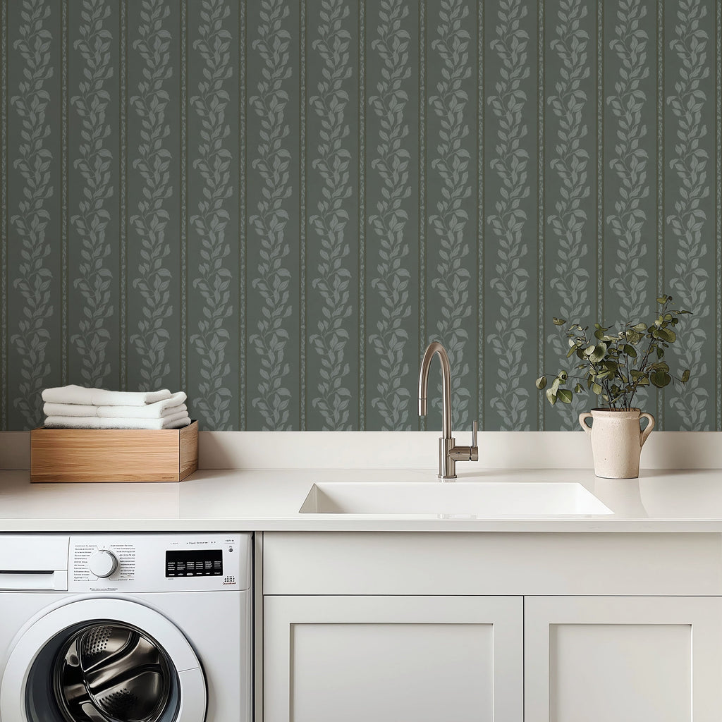 Rowe traditional floral wallpaper in grey-green and off-white.