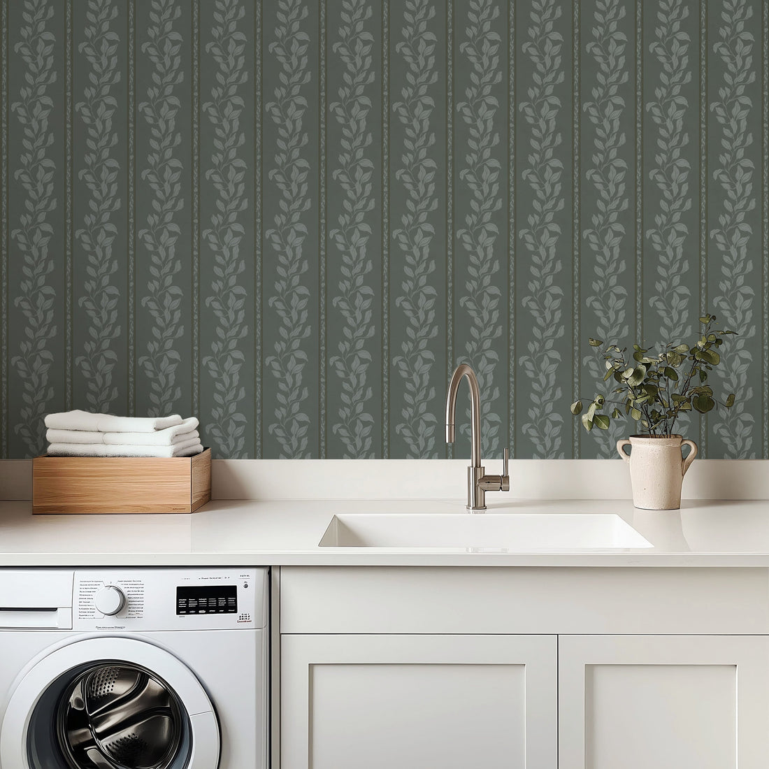Rowe traditional floral wallpaper in grey-green and off-white.