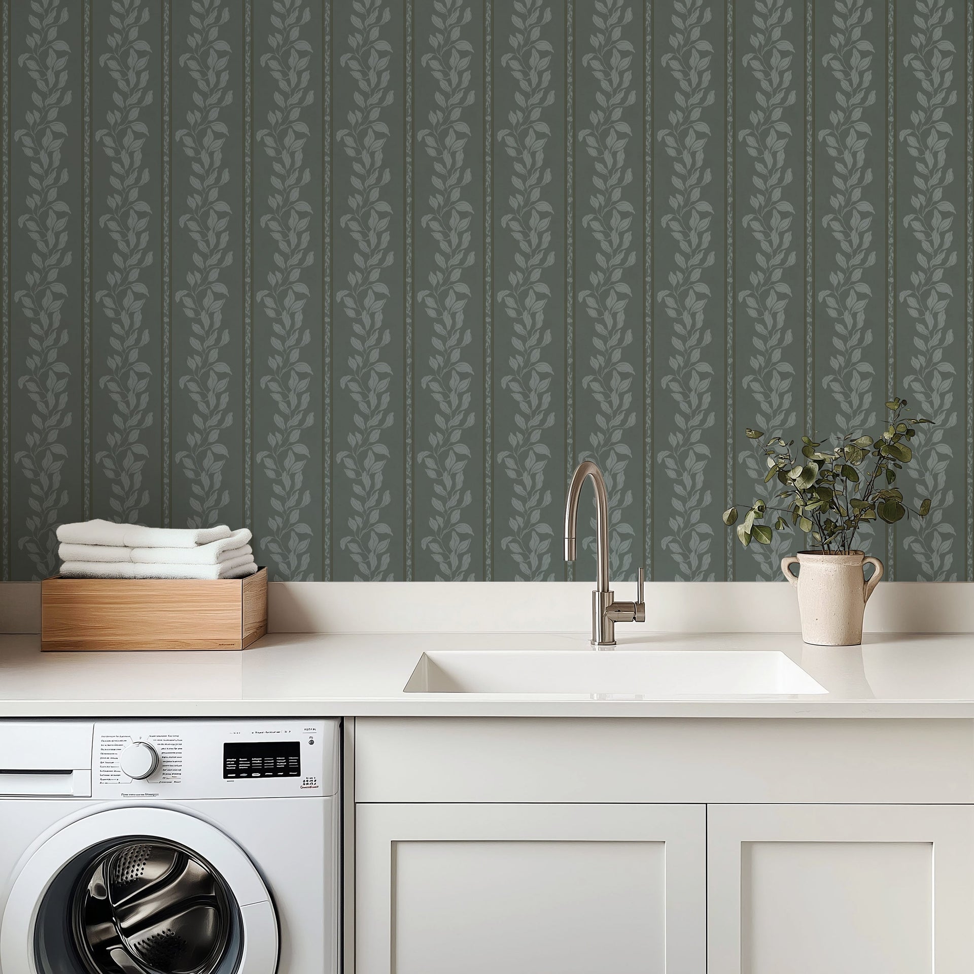 Rowe traditional floral wallpaper in grey-green and off-white.
