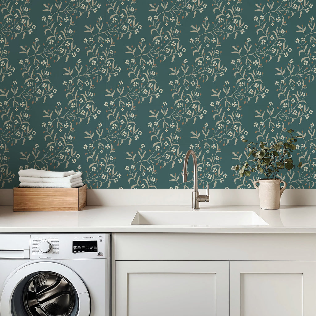 Rainey Floral Botanical Wallpaper in Sage Green and Dusty Pink