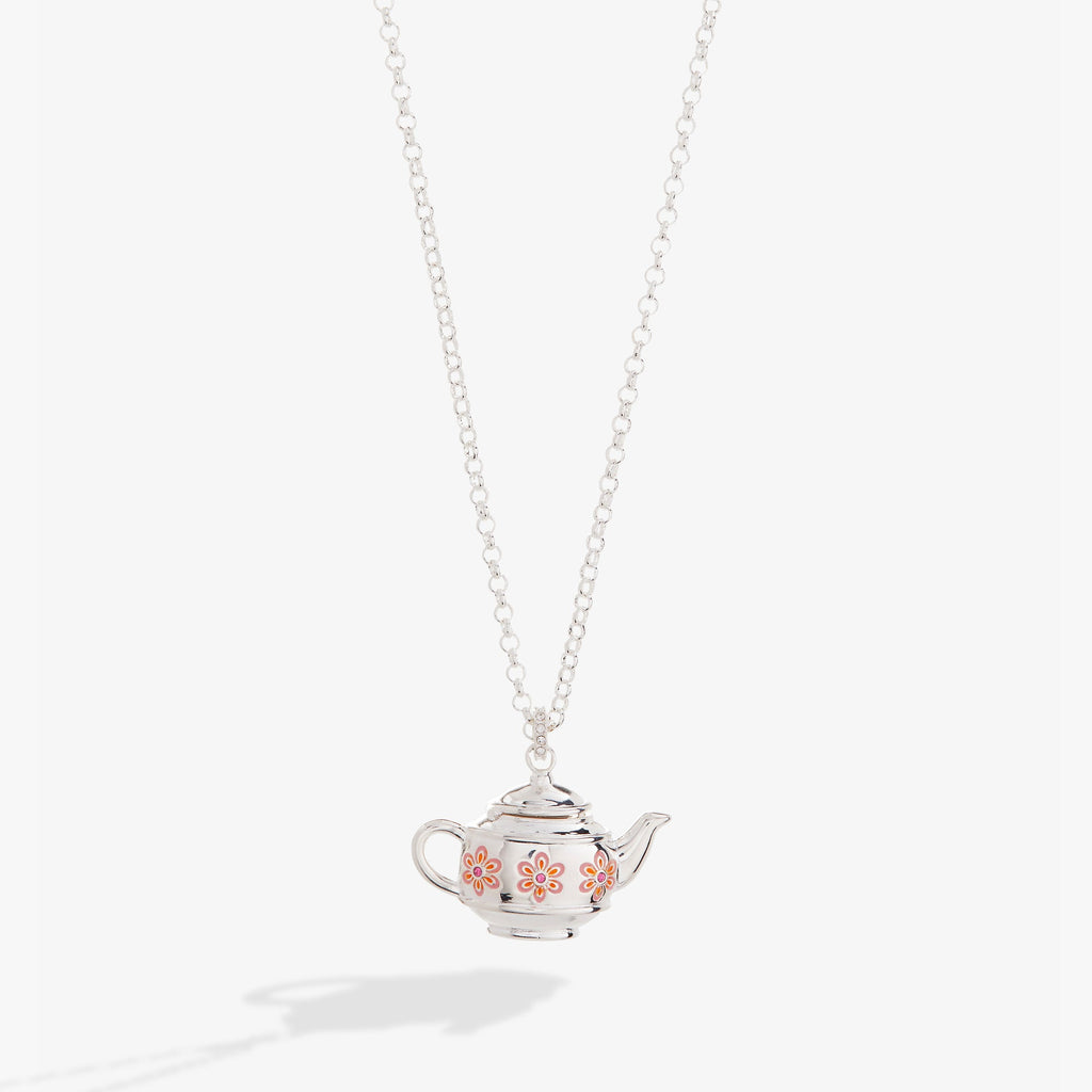 Whimsical Floral Teapot Locket Pendant Necklace in Silver