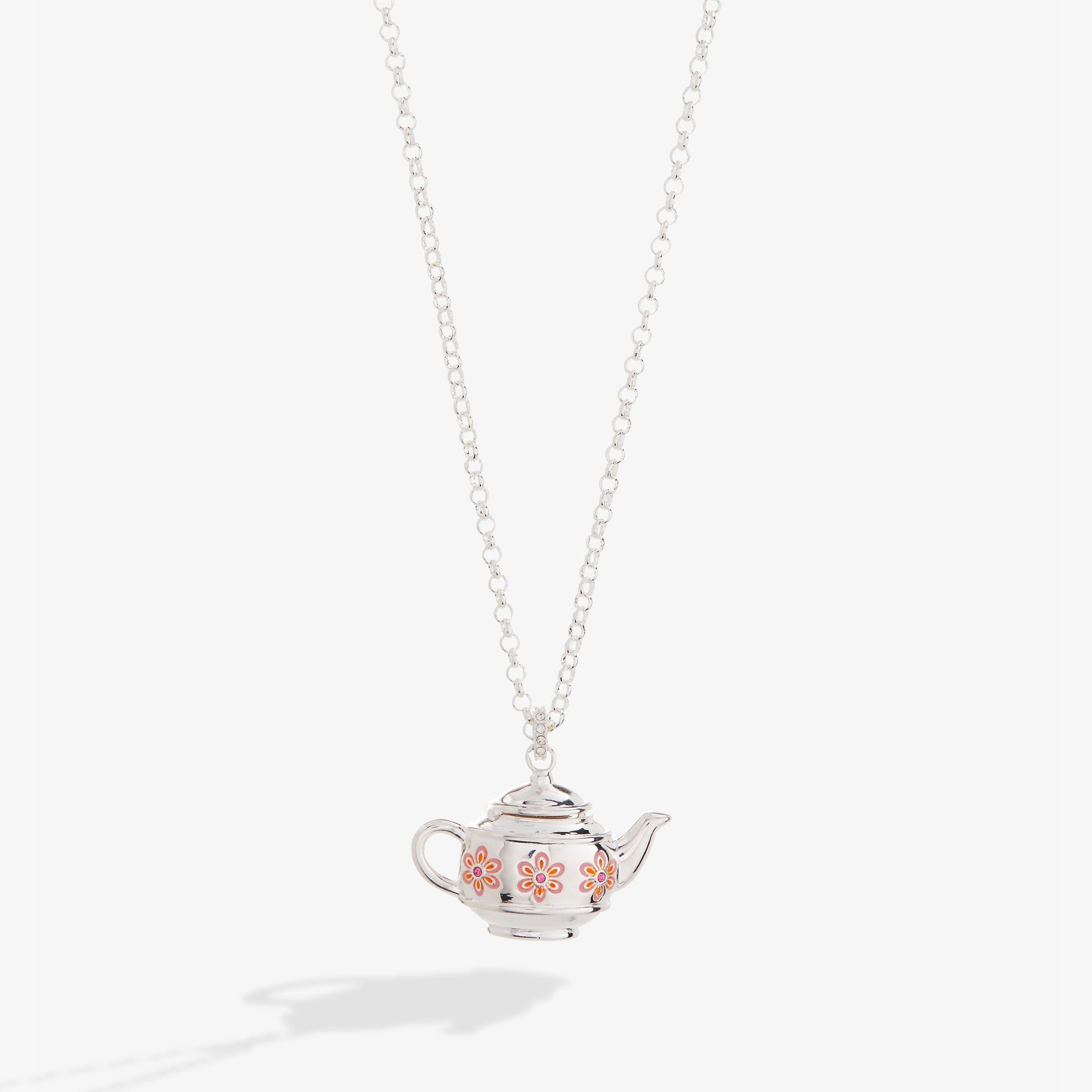 Whimsical Floral Teapot Locket Pendant Necklace in Silver