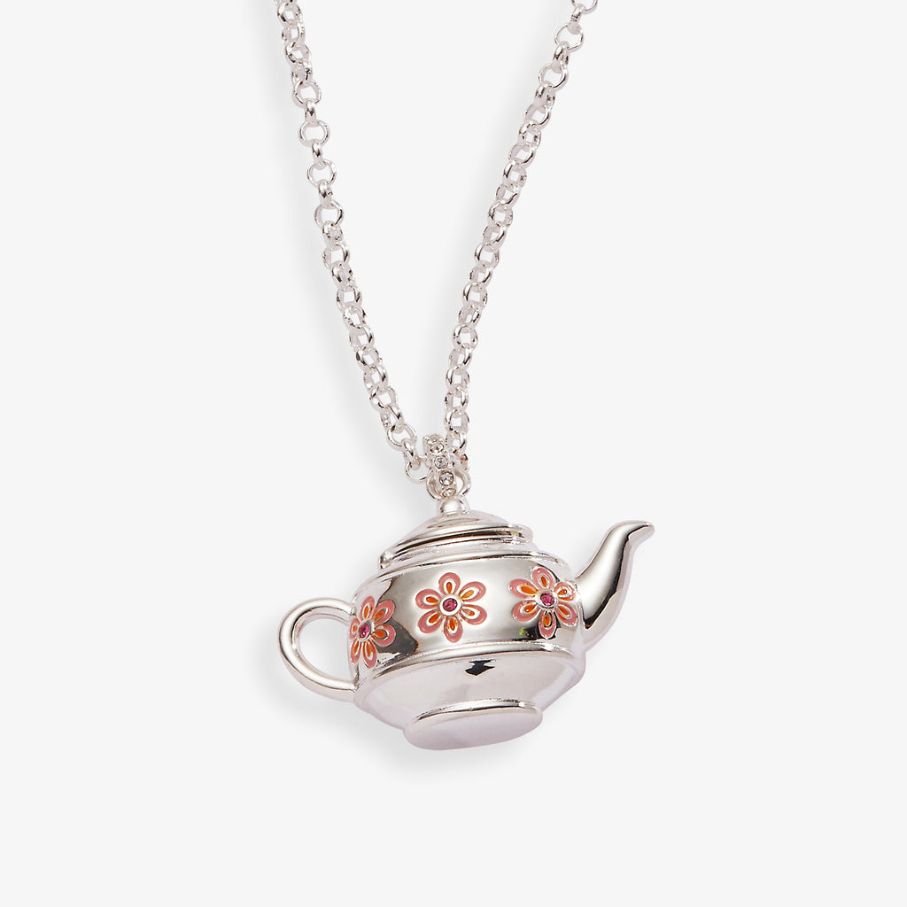 Silver teapot pendant necklace with pink floral details and a hidden 'Have a cuppa' tea bag message.