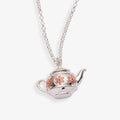 Silver teapot pendant necklace with pink floral details and a hidden 'Have a cuppa' tea bag message.