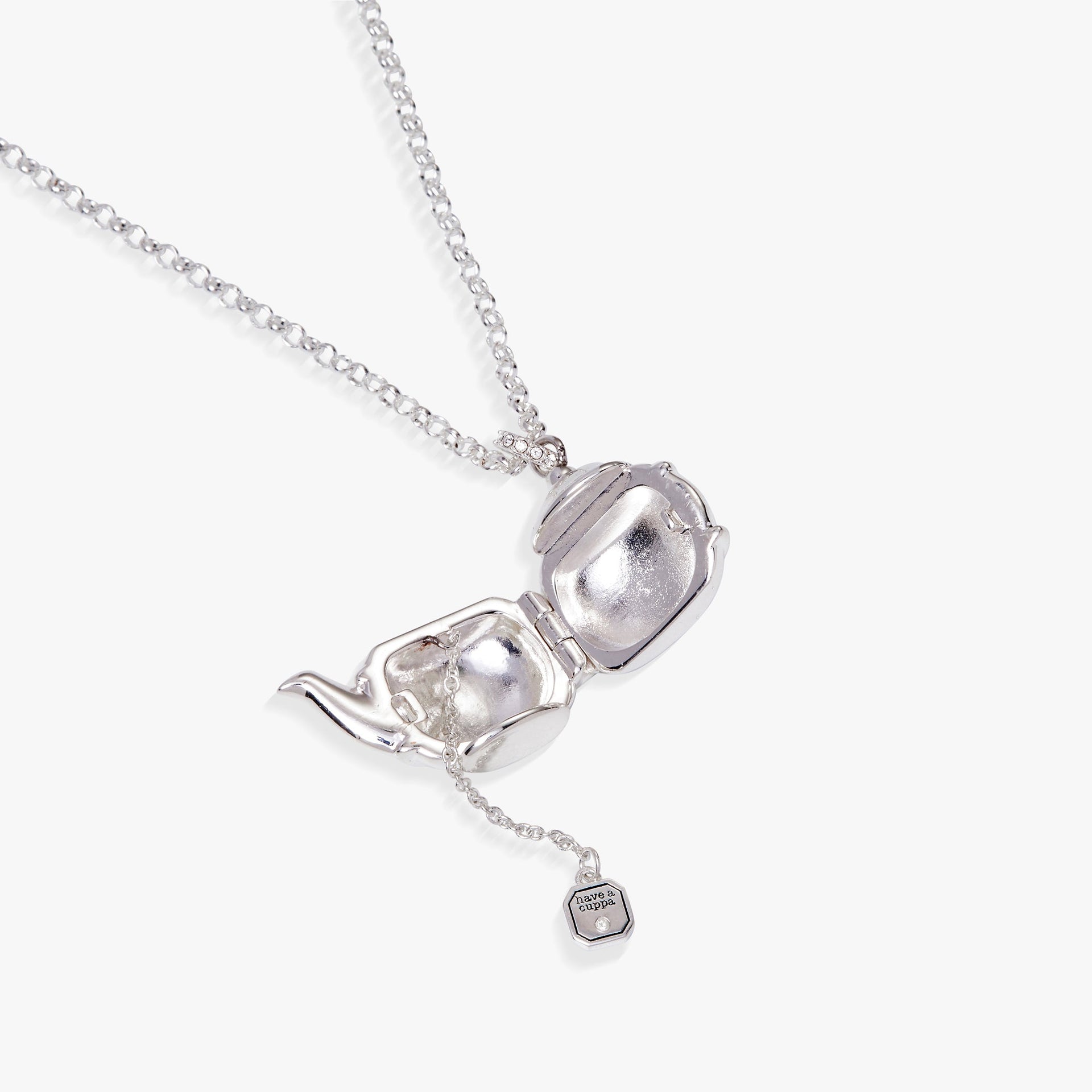 Whimsical Floral Teapot Locket Pendant Necklace in Silver