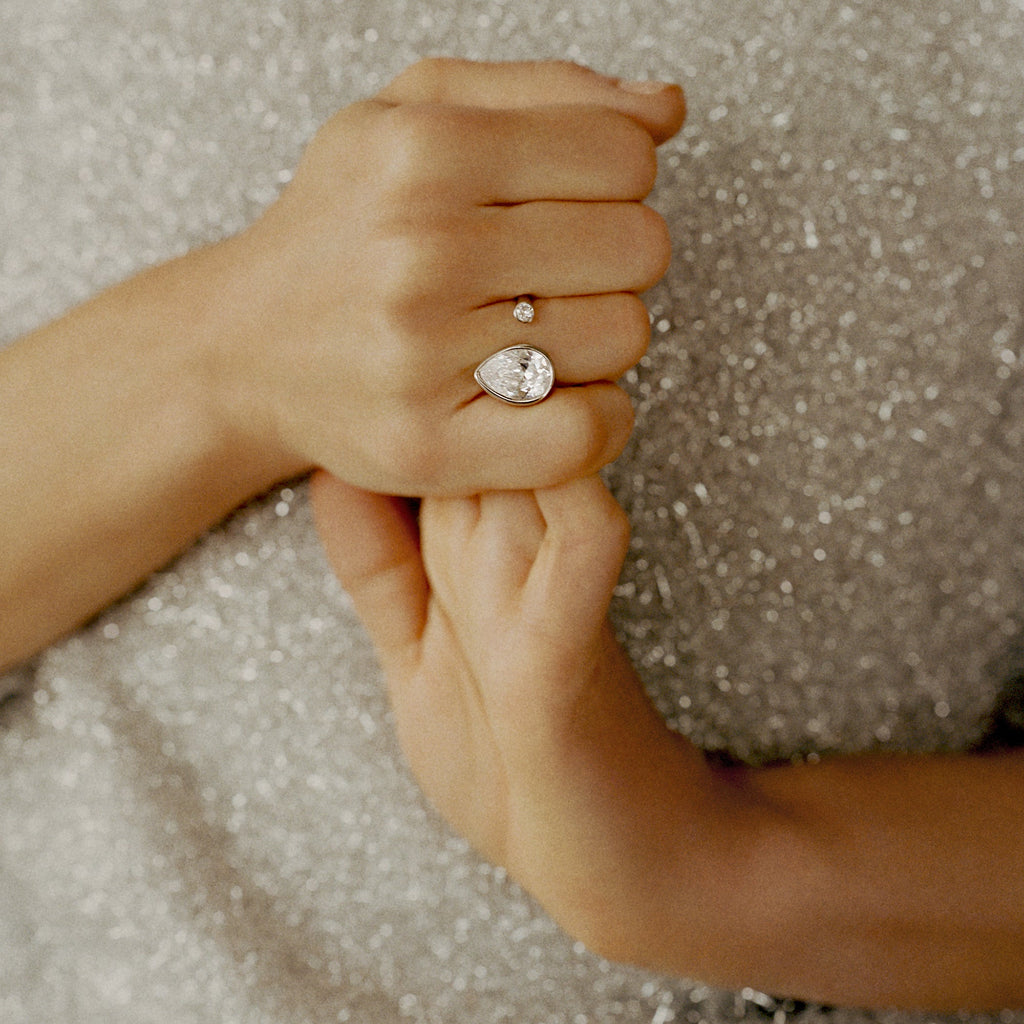 Teardrop Crystal Ring in Polished Silver Tone Minimalist Jewelry