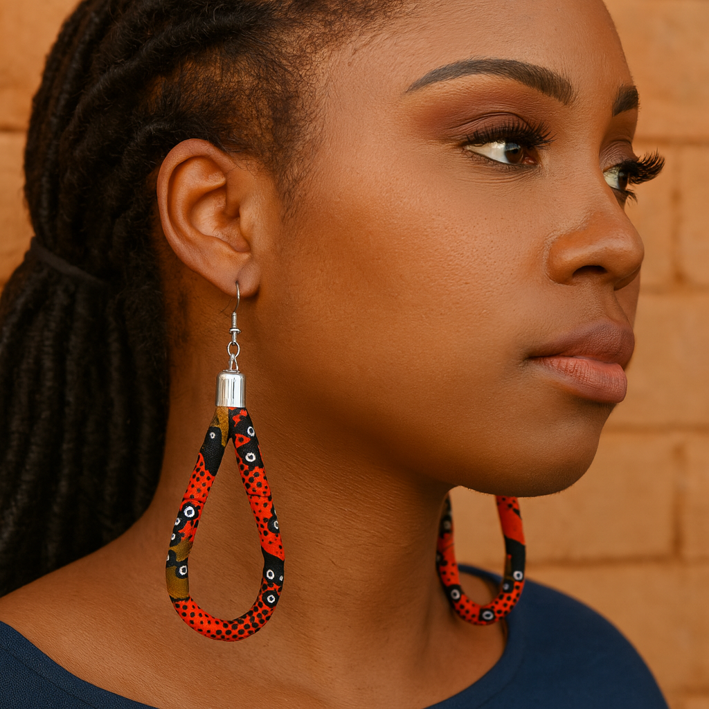 Pair of red, black, and multicolor geometric Kitenge fabric teardrop earrings