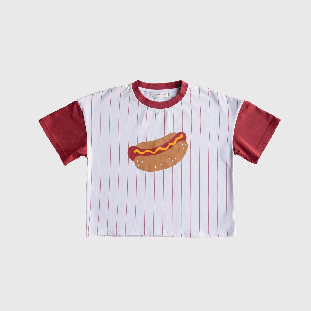 Kids white and pinstripe short-sleeve t-shirt with custom hand-drawn hot dog graphic