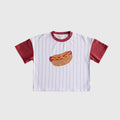 Kids white and pinstripe short-sleeve t-shirt with custom hand-drawn hot dog graphic