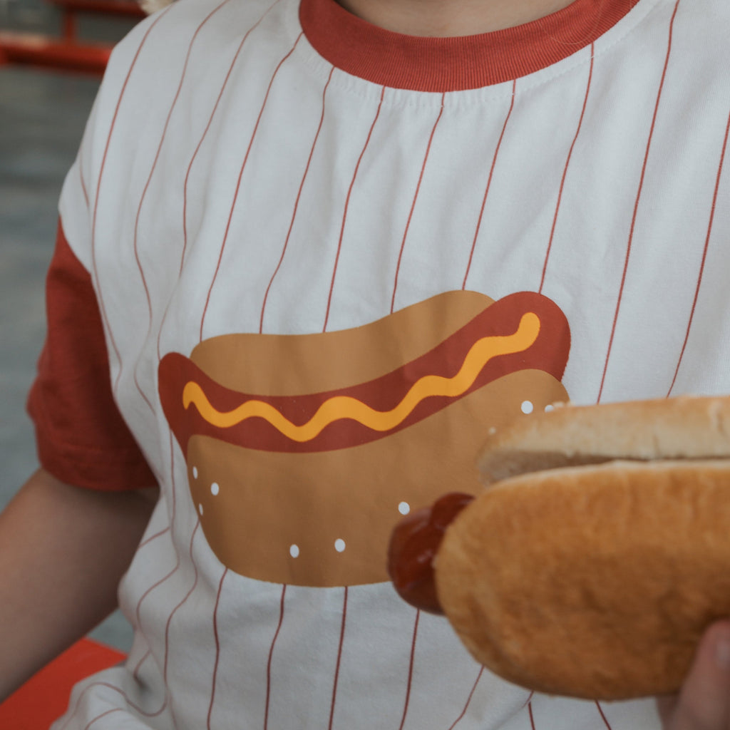 Kids Hot Dog Graphic T-Shirt in White with Pinstripe Detail