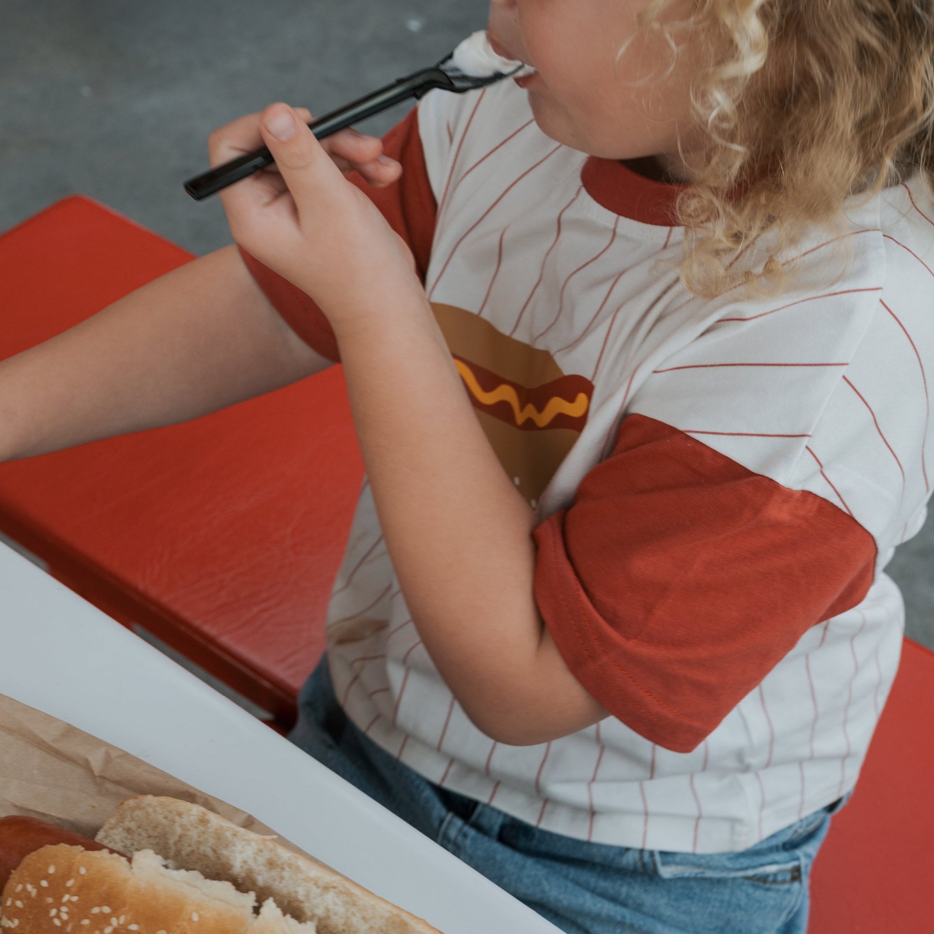 Kids Hot Dog Graphic T-Shirt in White with Pinstripe Detail
